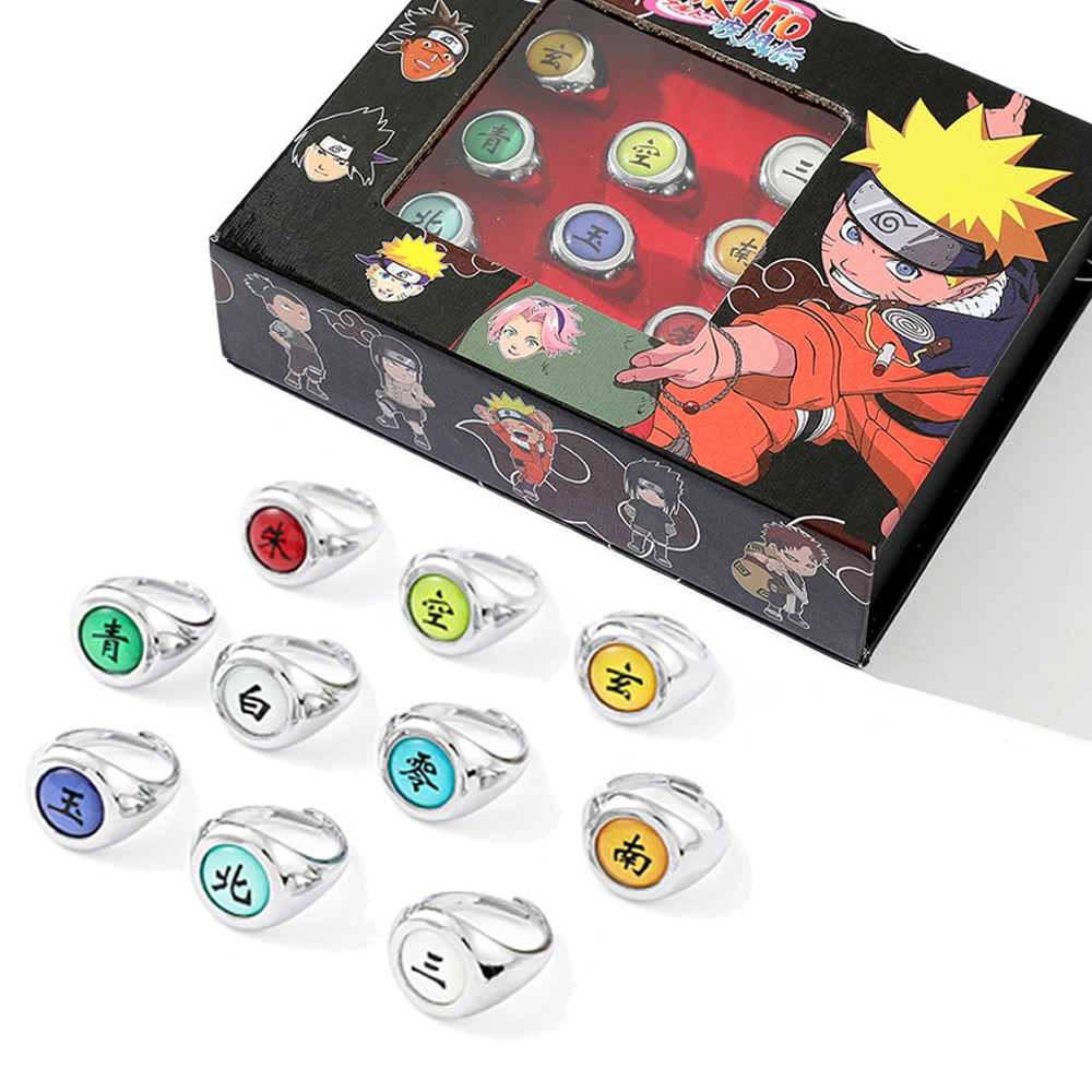 10pcs SET Naruto Akatsuki Metal Rings Anime Itachi Figure Cosplay Action Accessory Jewerly Cool Boys Children - Anime Gift Box