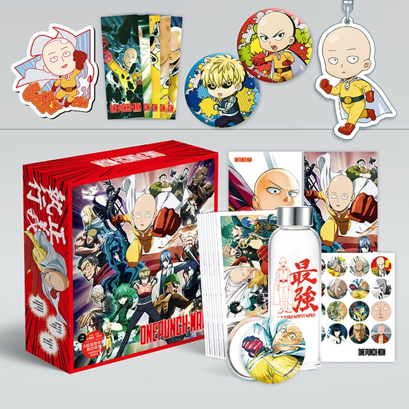 One Punch Man Anime Gift Box Toys Keychain Badge Pins Postcard Water Cup Bookmark Mirror Poster - Anime Gift Box